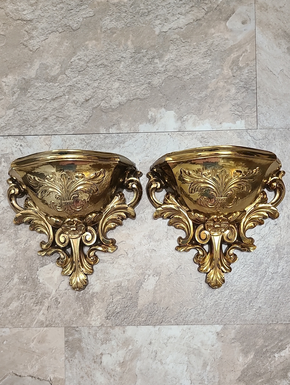 Ornate vintage pair of 1978 6050Homco gold plastic wall pocket planters